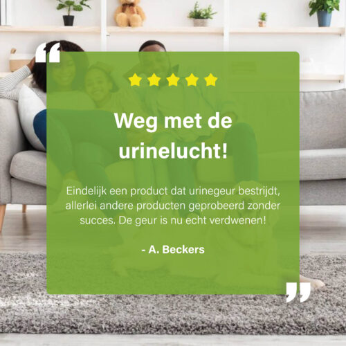 Klantreview over het verwijderen van urinelucht, geplaatst op een groene transparante overlay voor een foto van een gezin op een bank.