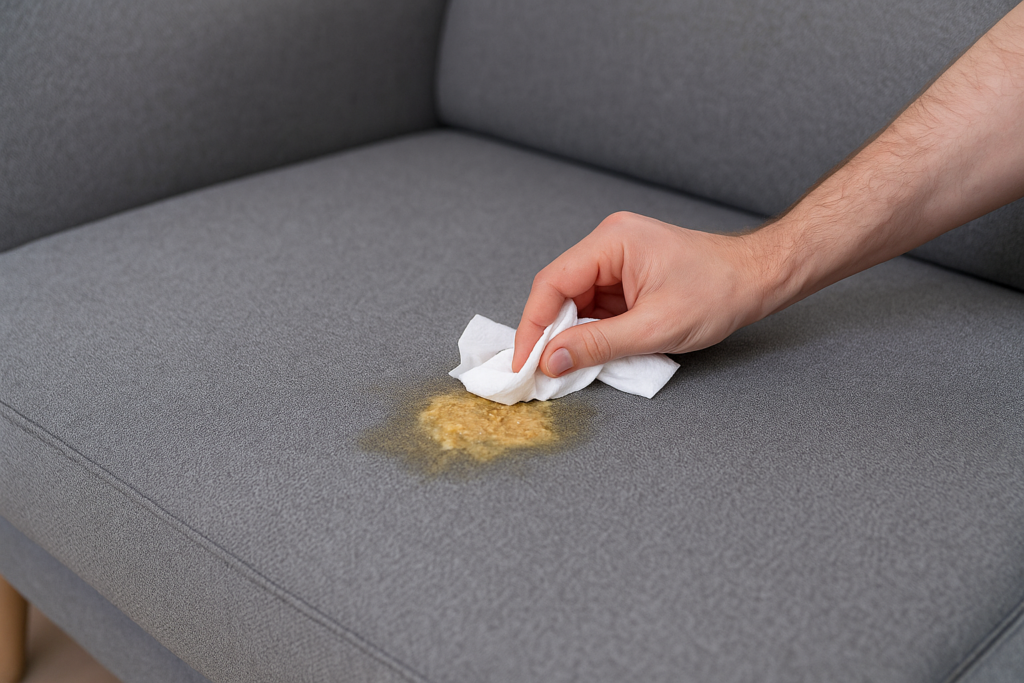 Main qui tamponne du vomi sur un canapé en tissu gris avec un chiffon.