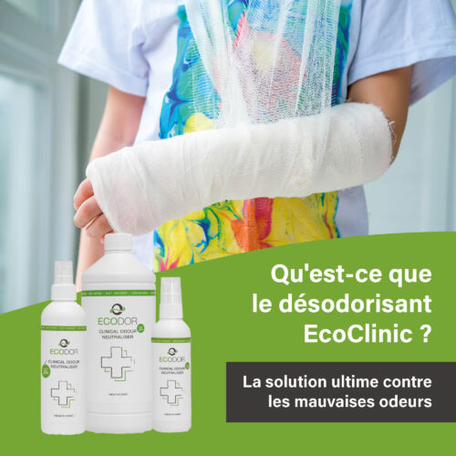 Afbeelding van een persoon met een arm in het gips, met daaronder drie flessen EcoClinic Ontgeurder en de tekst “Wat is EcoClinic Ontgeurder?”.
