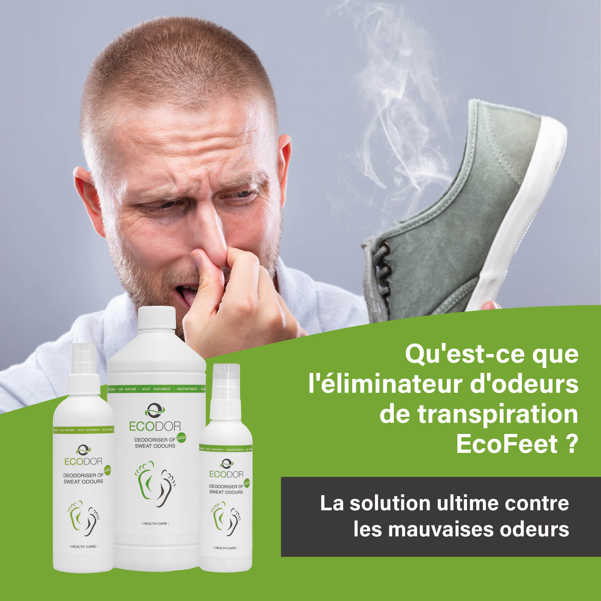 Man die zijn neus dichthoudt vanwege een sterk ruikende schoen, met EcoFeet zweetgeurverwijderaar op de voorgrond en tekst over de werking van het product.