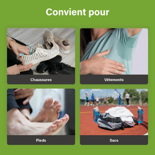 Afbeelding met vier vakken die tonen dat EcoFeet geschikt is voor schoenen, kleding, voeten en tassen.