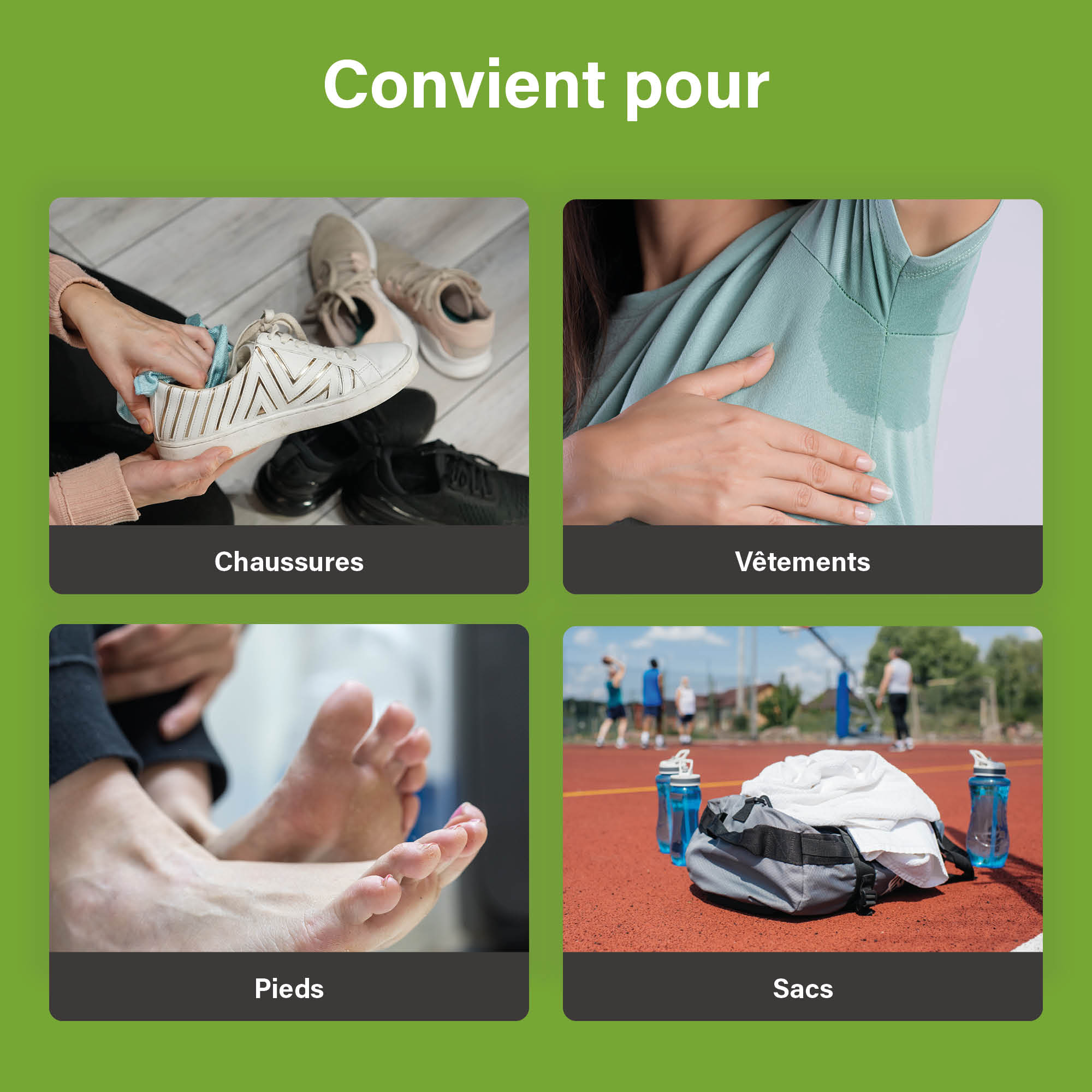 Afbeelding met vier vakken die tonen dat EcoFeet geschikt is voor schoenen, kleding, voeten en tassen.