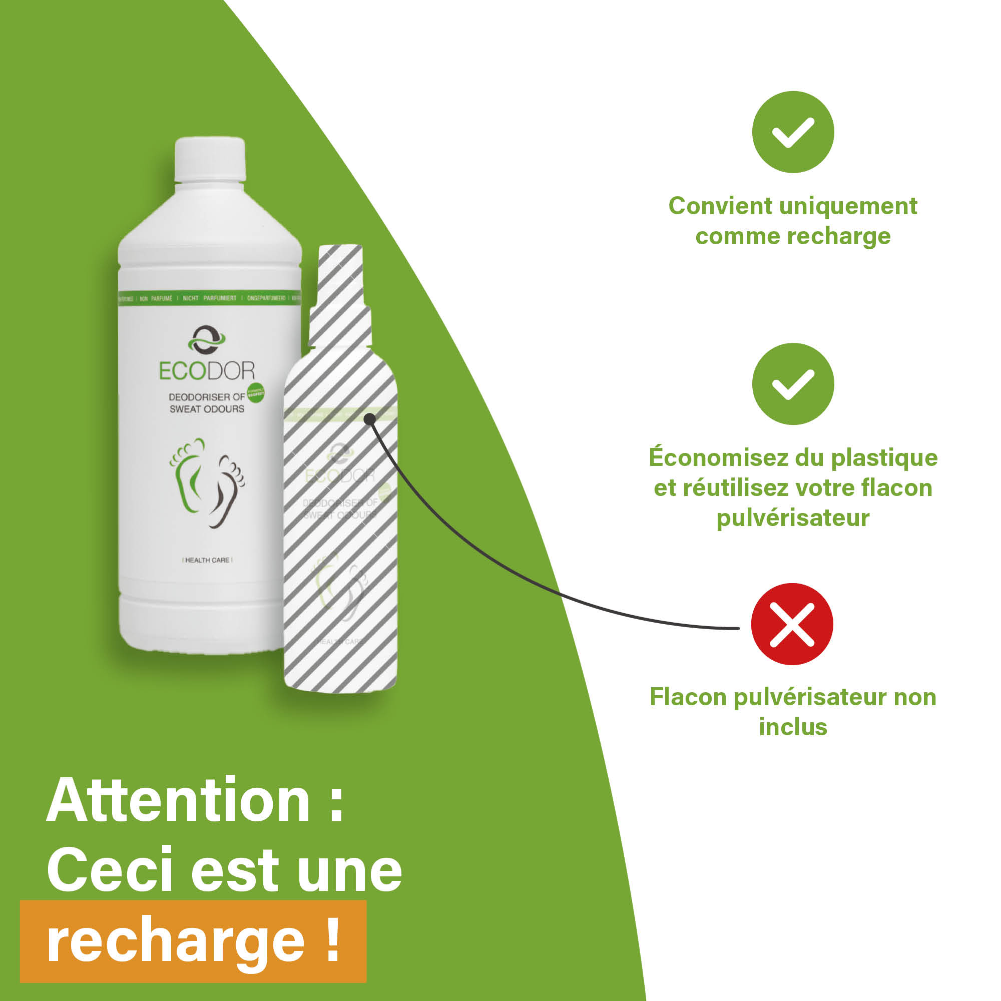 Afbeelding van de EcoFeet zweetgeurverwijderaar navulling met icoontjes die aangeven dat de sprayflacon niet is inbegrepen en dat het product bedoeld is als navulling.