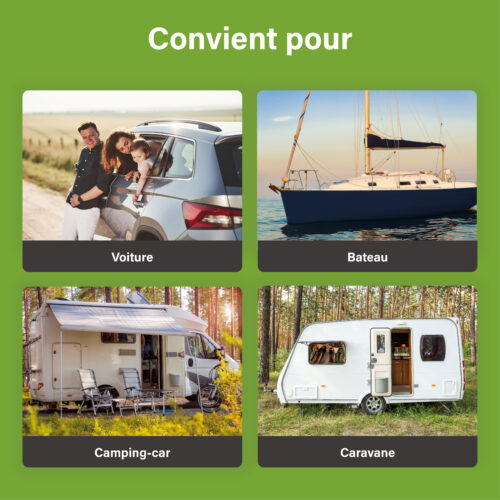 Collage de voiture, bateau, camping‑car et caravane avec le texte « Adapté à »