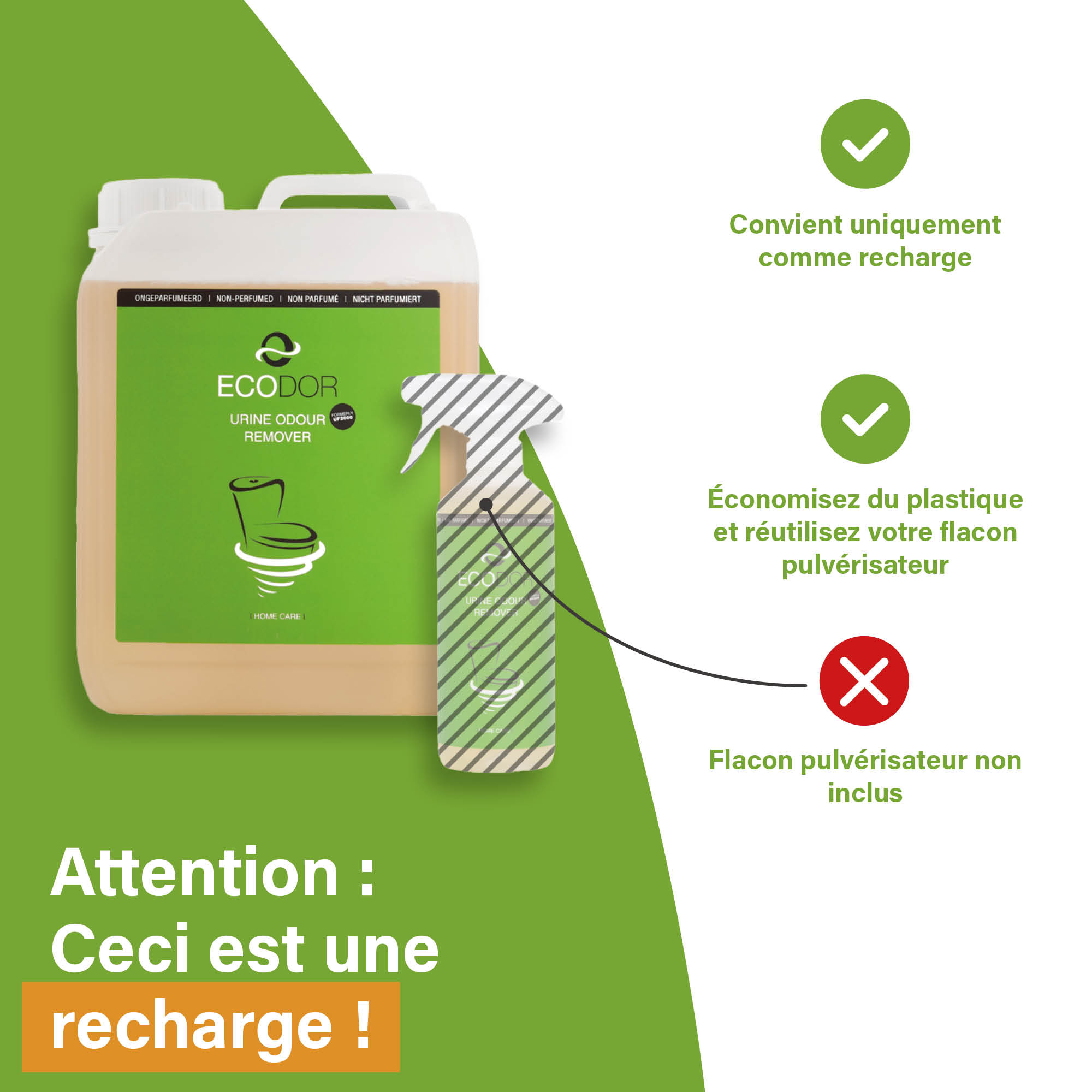 Afbeelding van een UF2000 navuljerrycan met uitleg dat het product bedoeld is als navulling en dat de sprayflacon niet is inbegrepen.