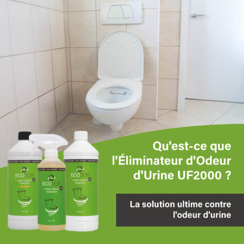 Afbeelding van een toilet met urinevlekken en drie flessen UF2000 Urinegeur Verwijderaar, met de tekst “Wat is UF2000 Urinegeur Verwijderaar?”.