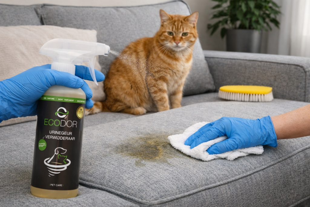 Éliminer les odeurs d’urine de chat d’un canapé avec le spray éliminateur d’odeurs d’urine Ecodor et un chiffon.